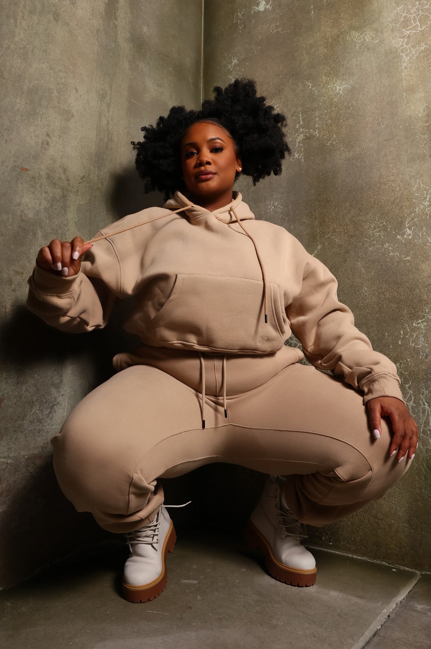 Beige Everyday Basic Cropped Hoodie